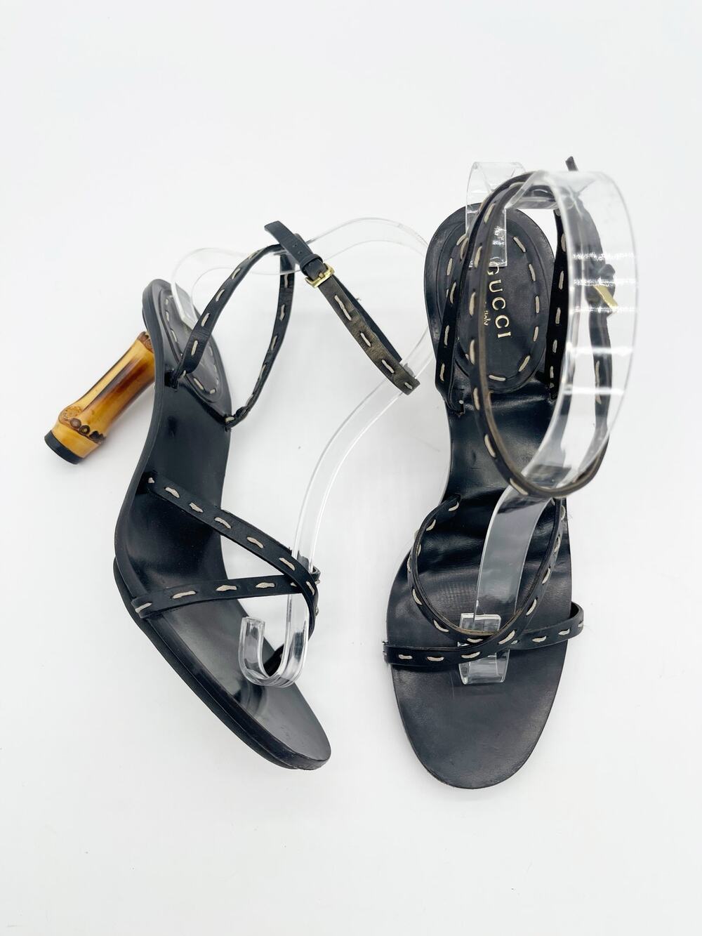 Gucci S/S 2002 Tom Ford Black Bamboo Heel Lace Up Wrap Sandal Heels US 7.5
